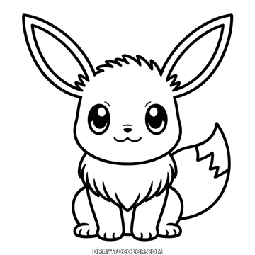 Kawaii Eevee sitting upright with tall ears, a fluffy collar and a bushy tail, a Pokémon drawing to color