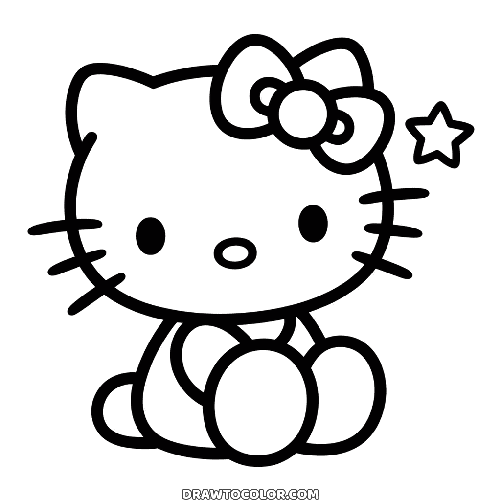 Disegno di Hello Kitty kawaii seduta per terra, i piedini tondi in avanti