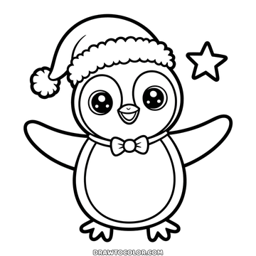 Pinguim kawaii de gorro de Natal e gravatinha, asas abertas e uma estrela ao lado, para pintar