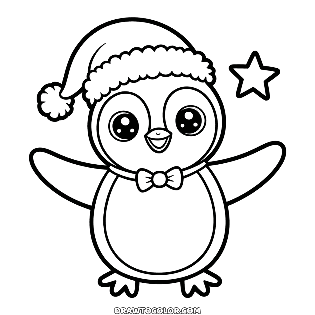 Pingouin kawaii en bonnet de Noël et nœud papillon, ailes ouvertes près d'une étoile, à colorier