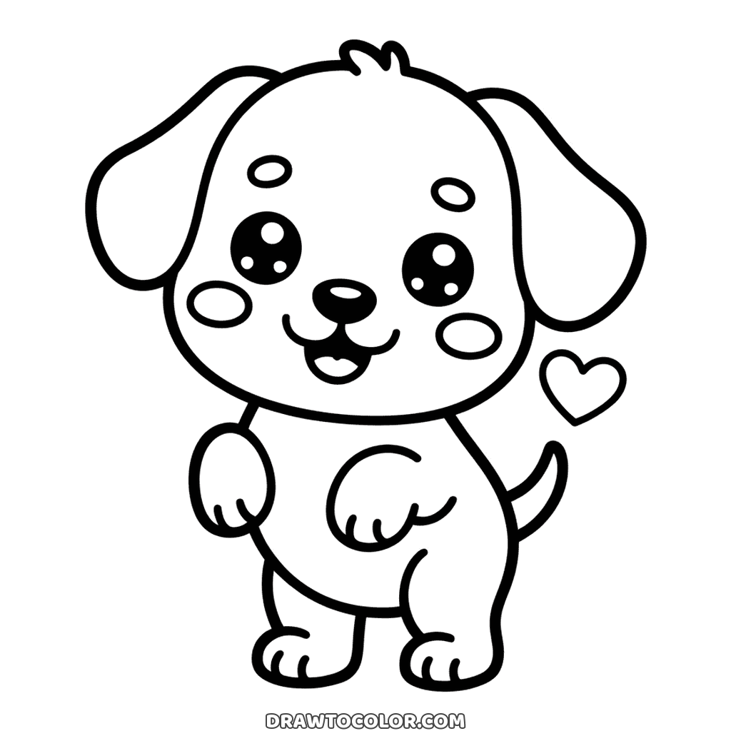 Perrito kawaii de pie sobre sus patas traseras, con ojos de brillo y un corazón al lado: dibujo fácil