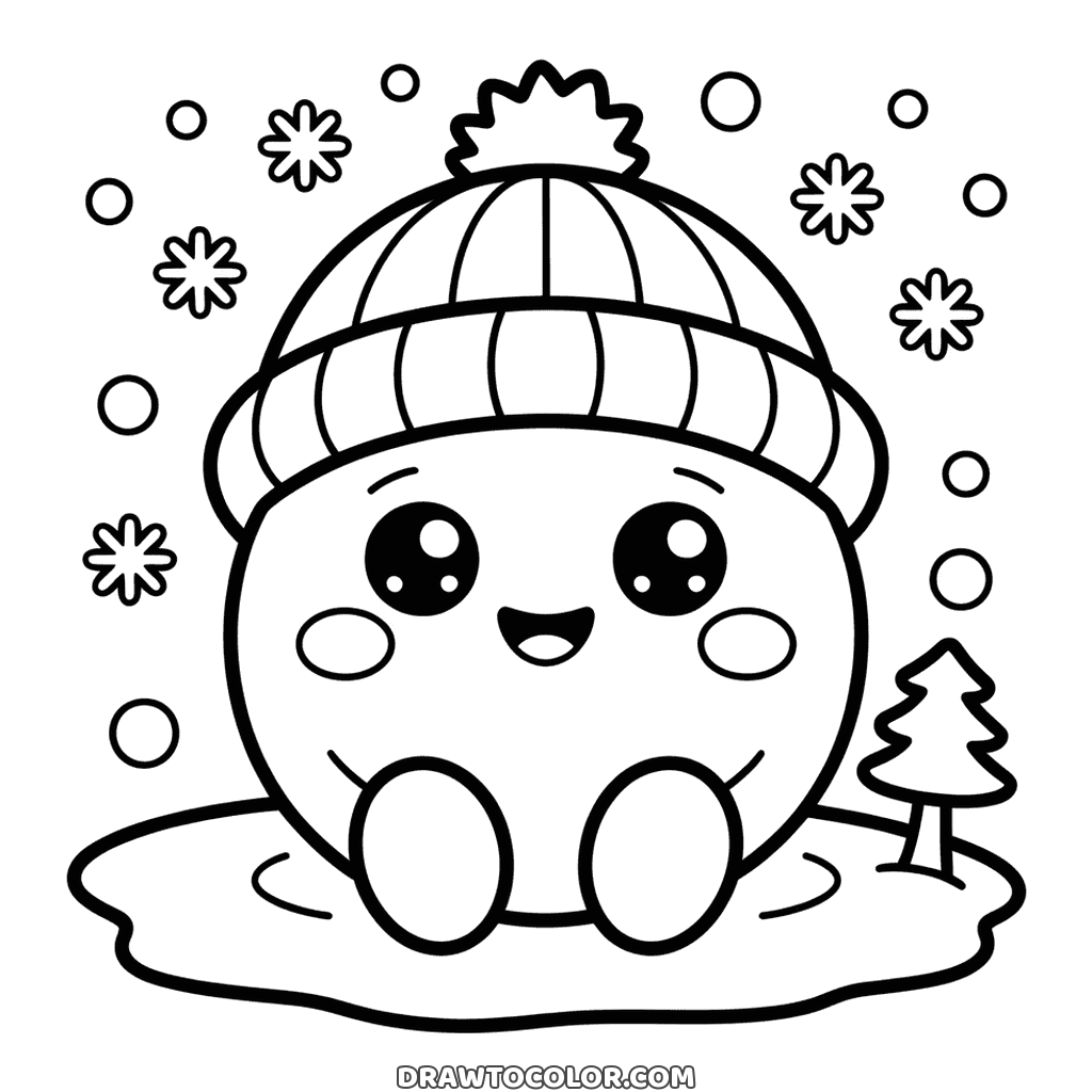 Dibujo kawaii de invierno: bola de nieve con ojos brillantes, mejillas redondas y gorro de pompón