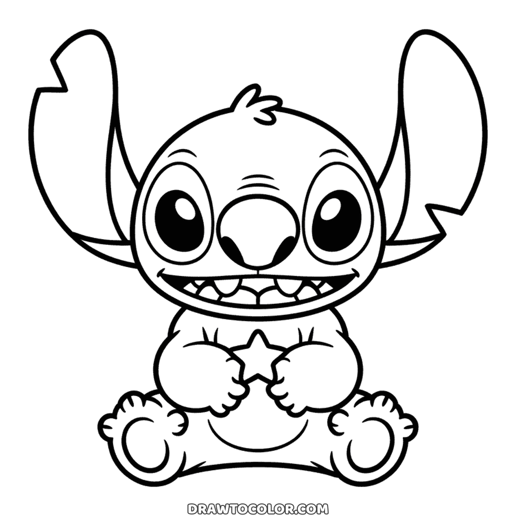Süßer Stitch als Ausmalbild, sitzend mit breitem Zahngrinsen und kleinem Stern vor dem Bauch