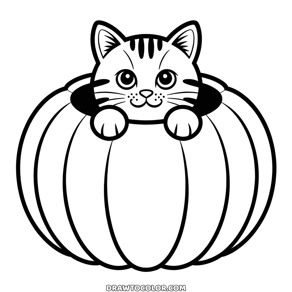 Tabby kitten peeking out of a round pumpkin, two paws on the rim, a Halloween coloring sheet