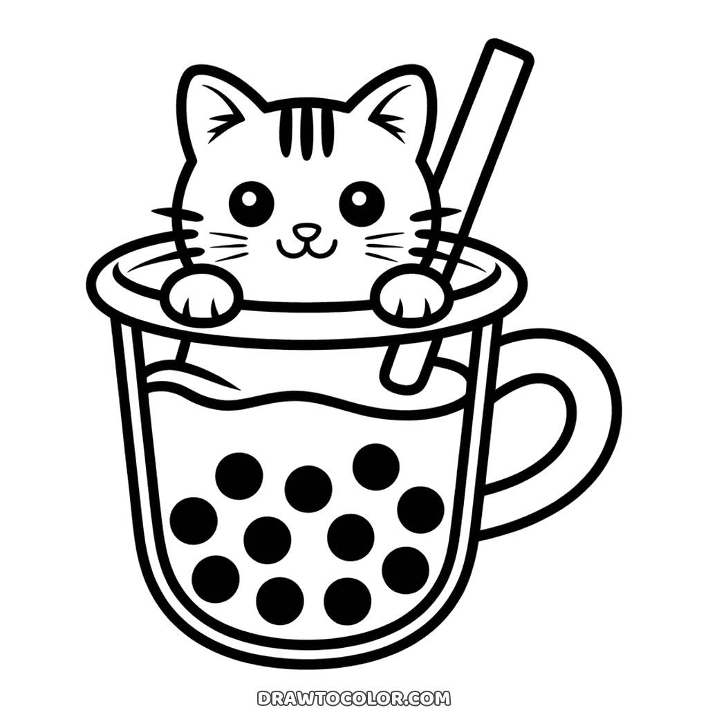Kitten popping out of a cup of bubble tea with a straw and tapioca pearls, a printable page