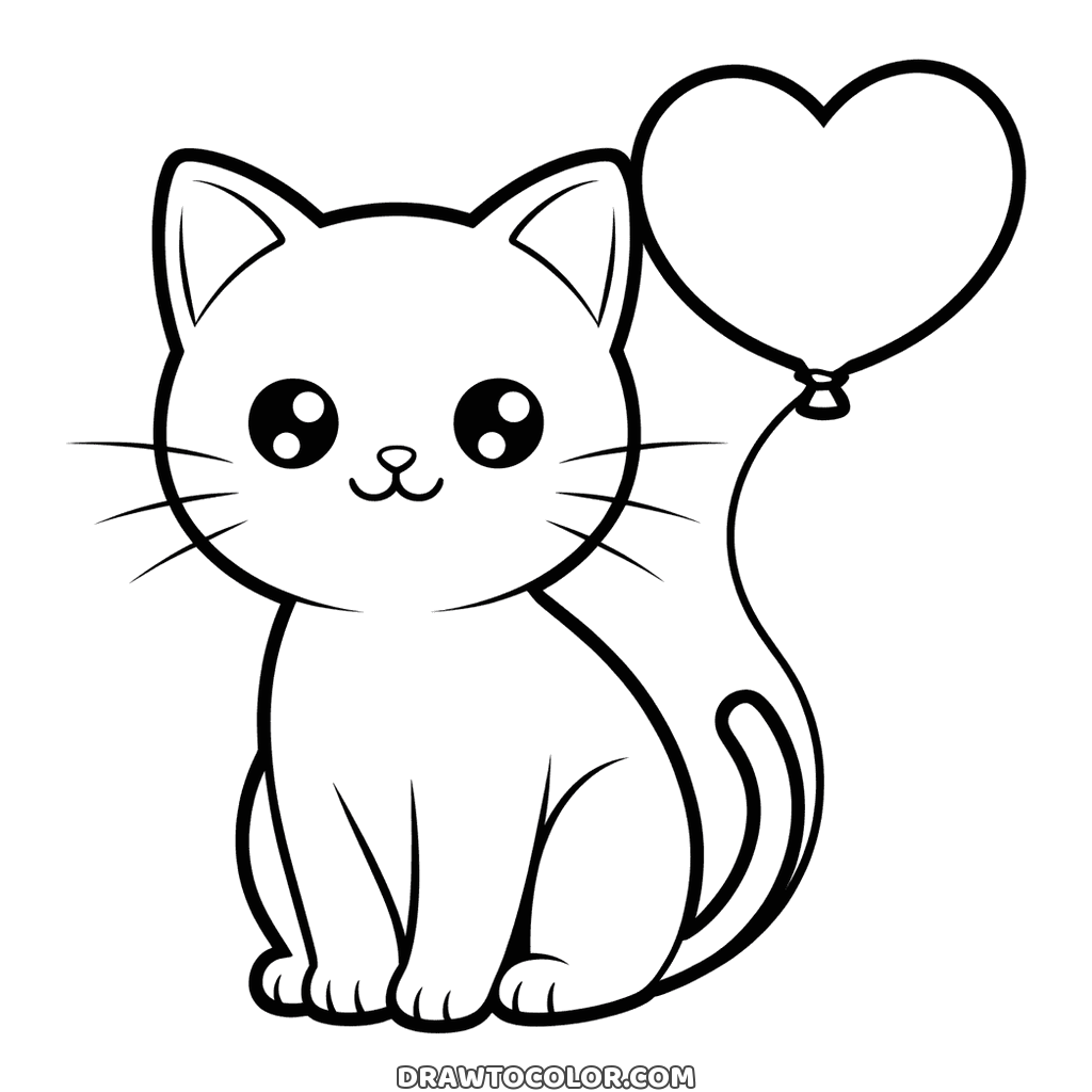 Sitting kitten with shiny eyes and a heart-shaped balloon floating behind it, to color