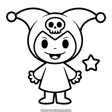 Kuromi from the Hello Kitty world grinning in a jester hood with a skull, a printable drawing