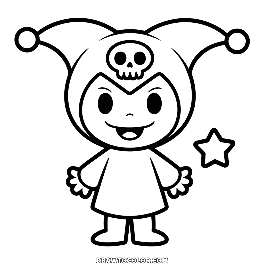 Kuromi del mondo di Hello Kitty col cappuccio da giullare e il teschio, da stampare gratis