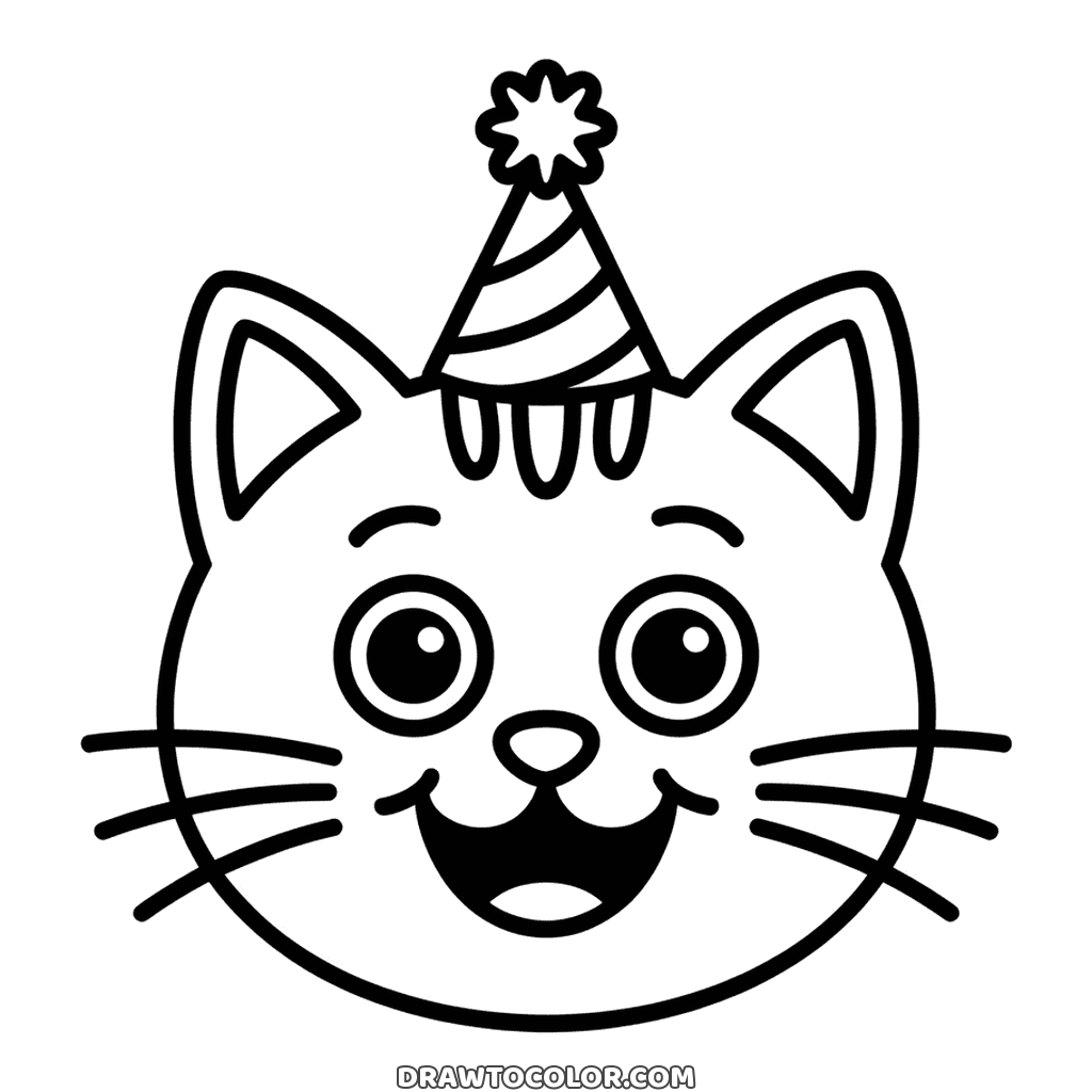 Laughing cat face in a striped party hat, mouth wide open and long whiskers, easy drawing