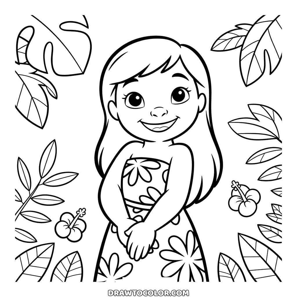 Ausmalbild Lilo aus Lilo und Stitch, lächelnd im Blumenkleid zwischen tropischen Blättern