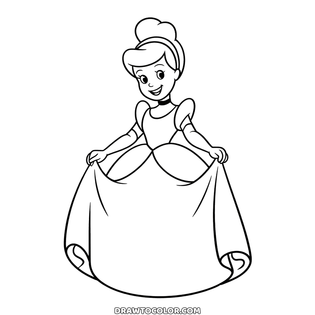 Little Cinderella holding her wide skirt out at the sides, an easy drawing with a headband and choker