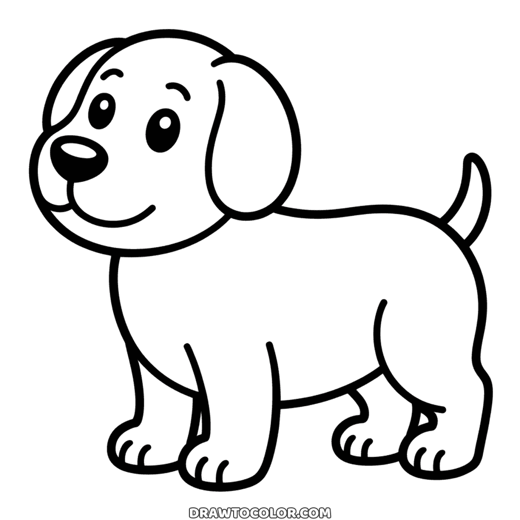 Pequeño perro de pie sobre cuatro patas cortas, con orejas caídas y sonrisa tranquila, para colorear