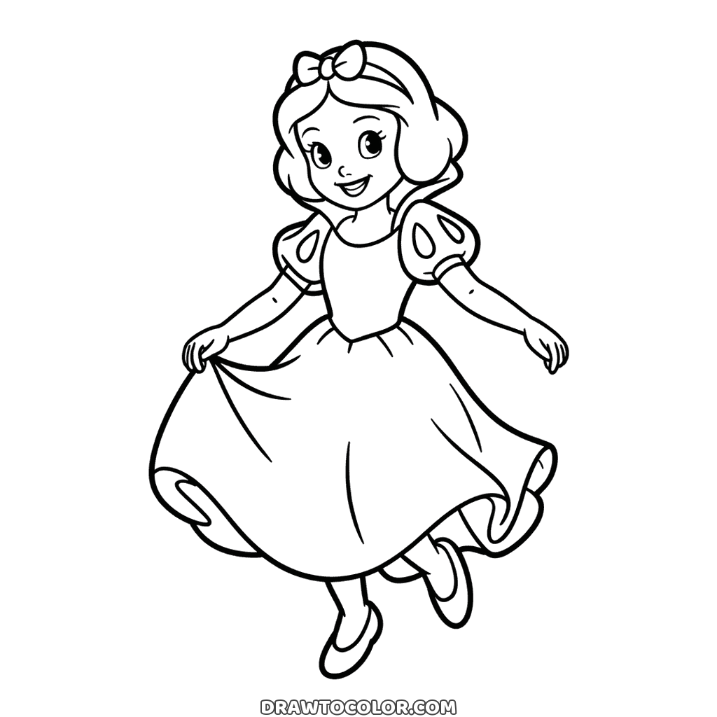 Little Snow White twirling to color, holding out her skirt with a foot kicked up and a bow in her hair
