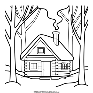 Cabaña de troncos en un bosque de invierno con humo en la chimenea, para colorear con calma