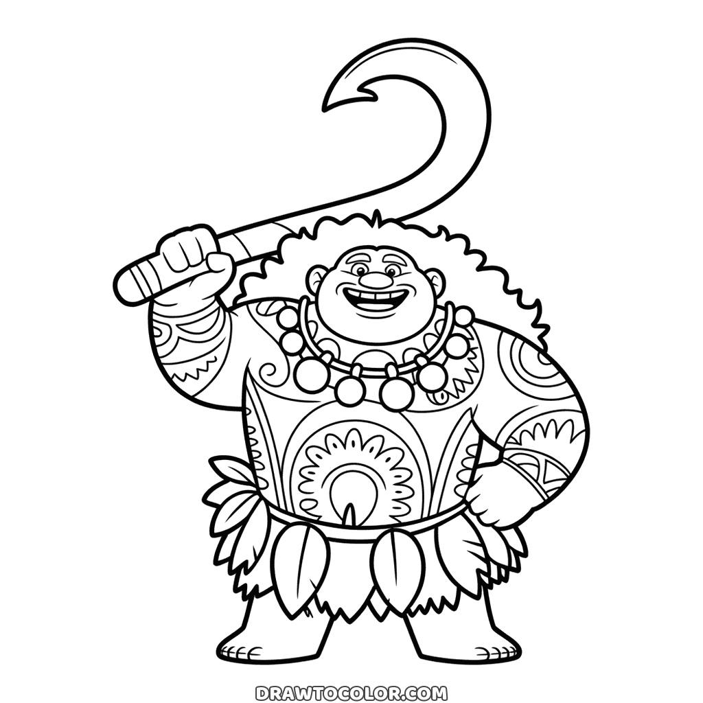 Maui grinning with his magic fish hook raised, tattoos on his arms and chest, a detailed coloring sheet