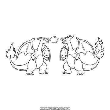 Detailed Pokémon coloring page of Mega Charizard X and Y facing each other, one breathing fire