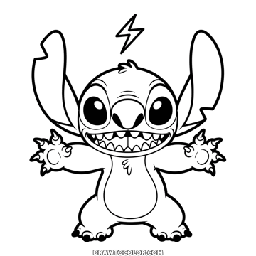 Funny, mischievous Stitch with a toothy grin and clawed paws held out, a lightning bolt overhead, to color