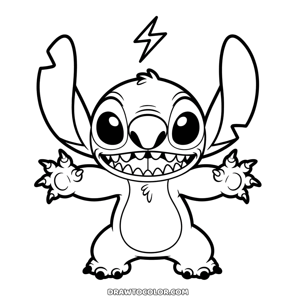 Frecher Stitch mit breitem Zahngrinsen und ausgestreckten Krallen, darüber ein Blitz, zum Ausmalen