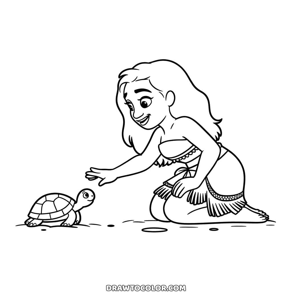 Moana kneeling on the beach, a coloring sheet where she reaches out toward a small turtle on the sand