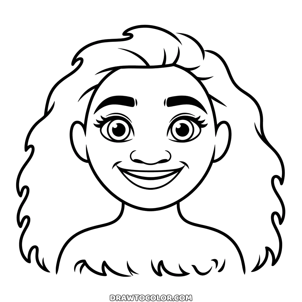 Moana face coloring page with a wide smile, bold eyebrows and thick wavy hair falling past her shoulders