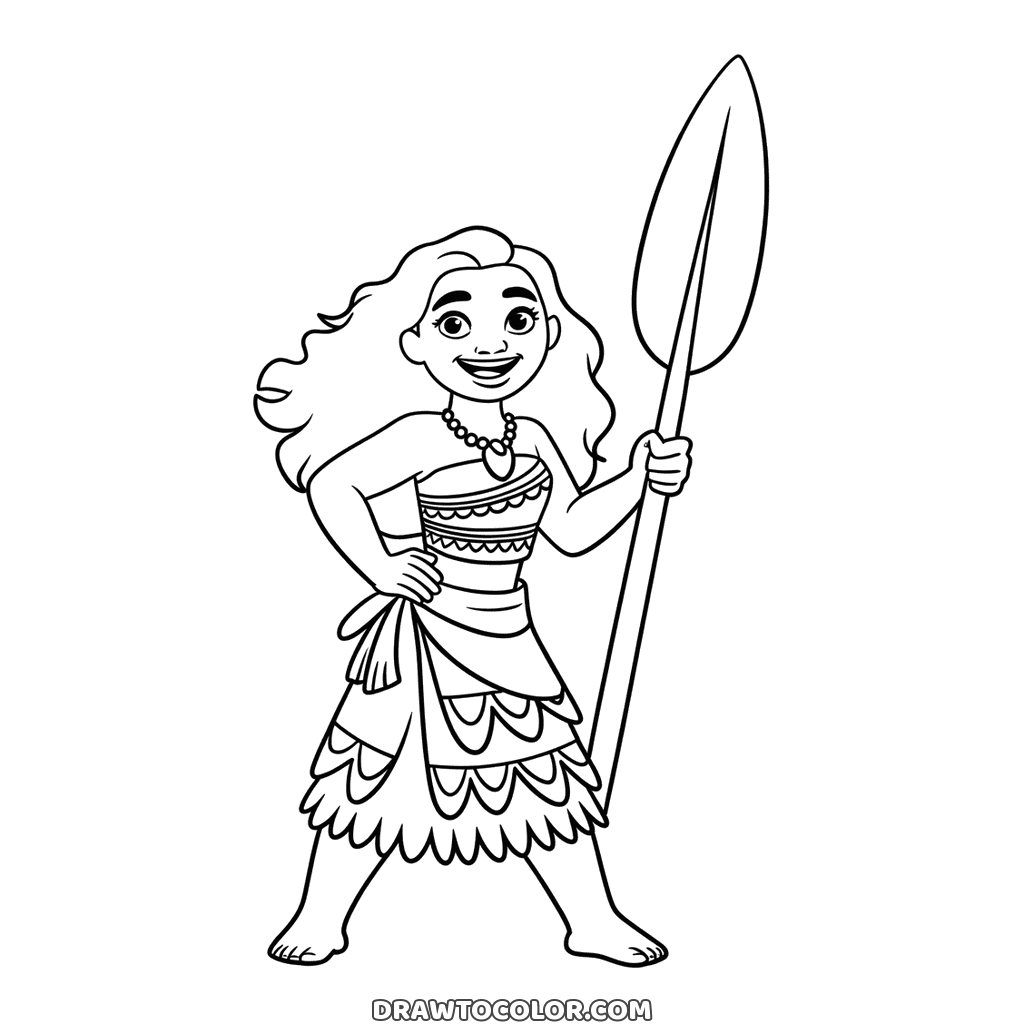 Moana standing proud, a drawing to color with her tall oar raised and her curly hair blowing back