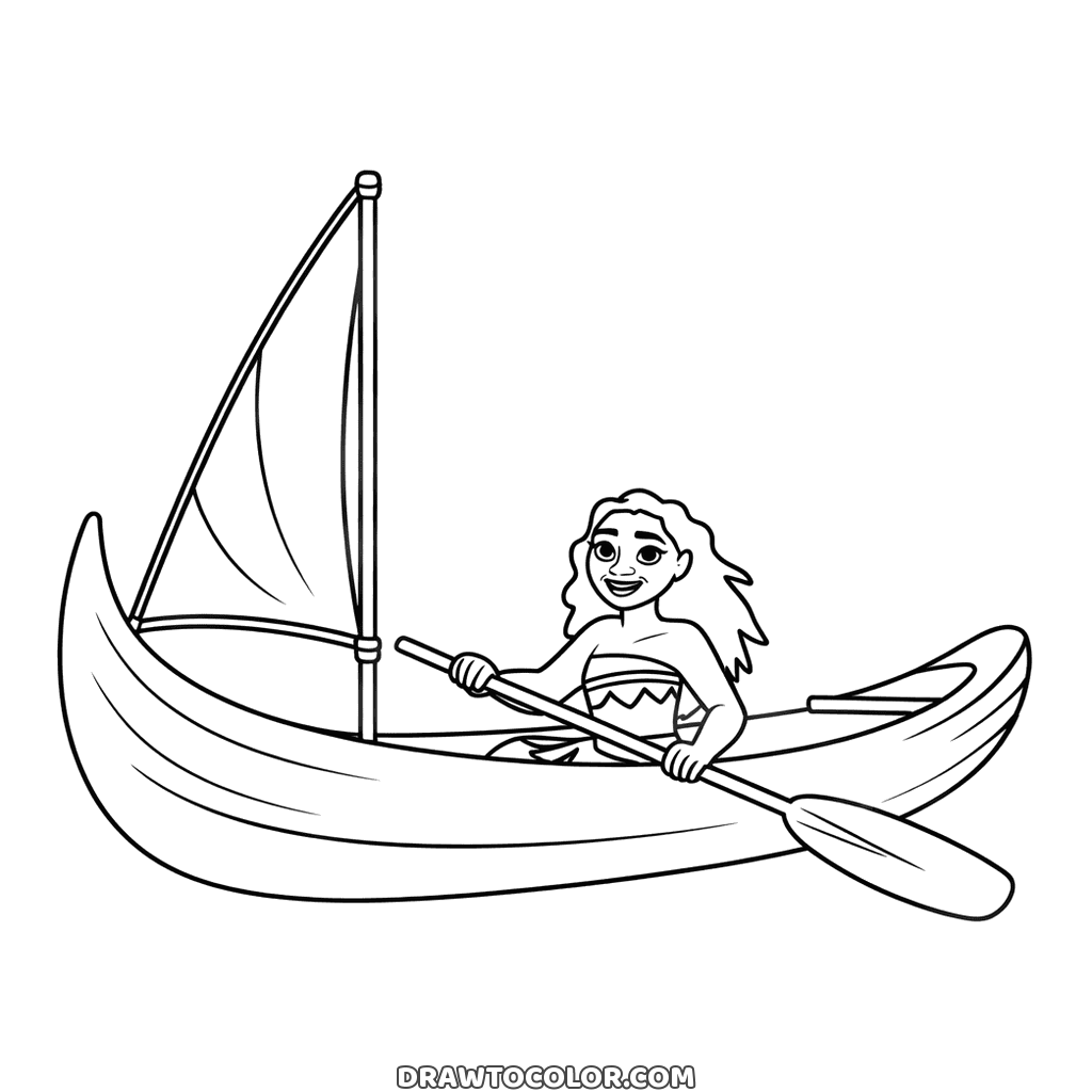 Moana paddling her canoe with a small triangular sail, gripping the oar, a printable for ocean lovers