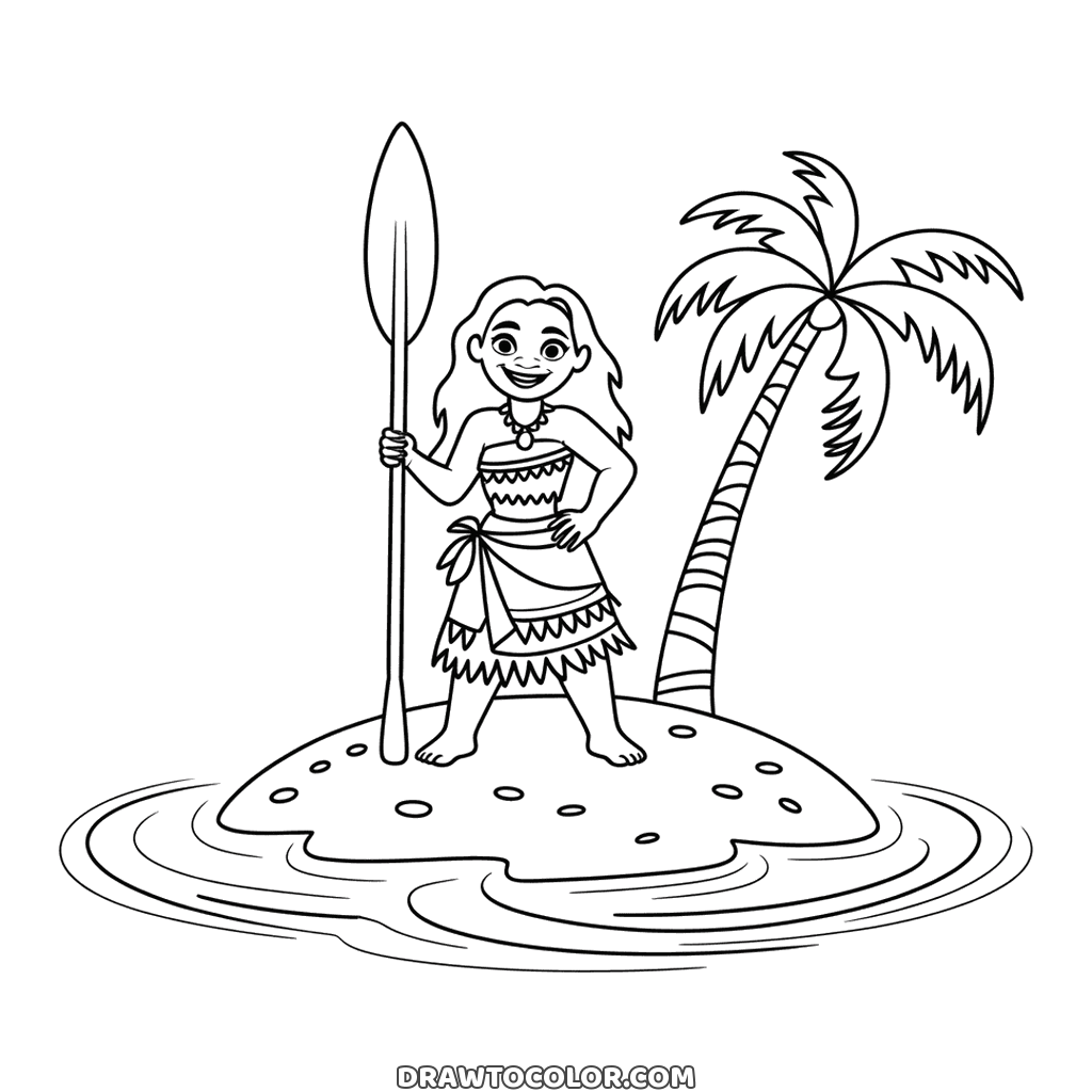 Moana with her oar on a tiny sandy island beside a coconut palm, a printable coloring page of the ocean