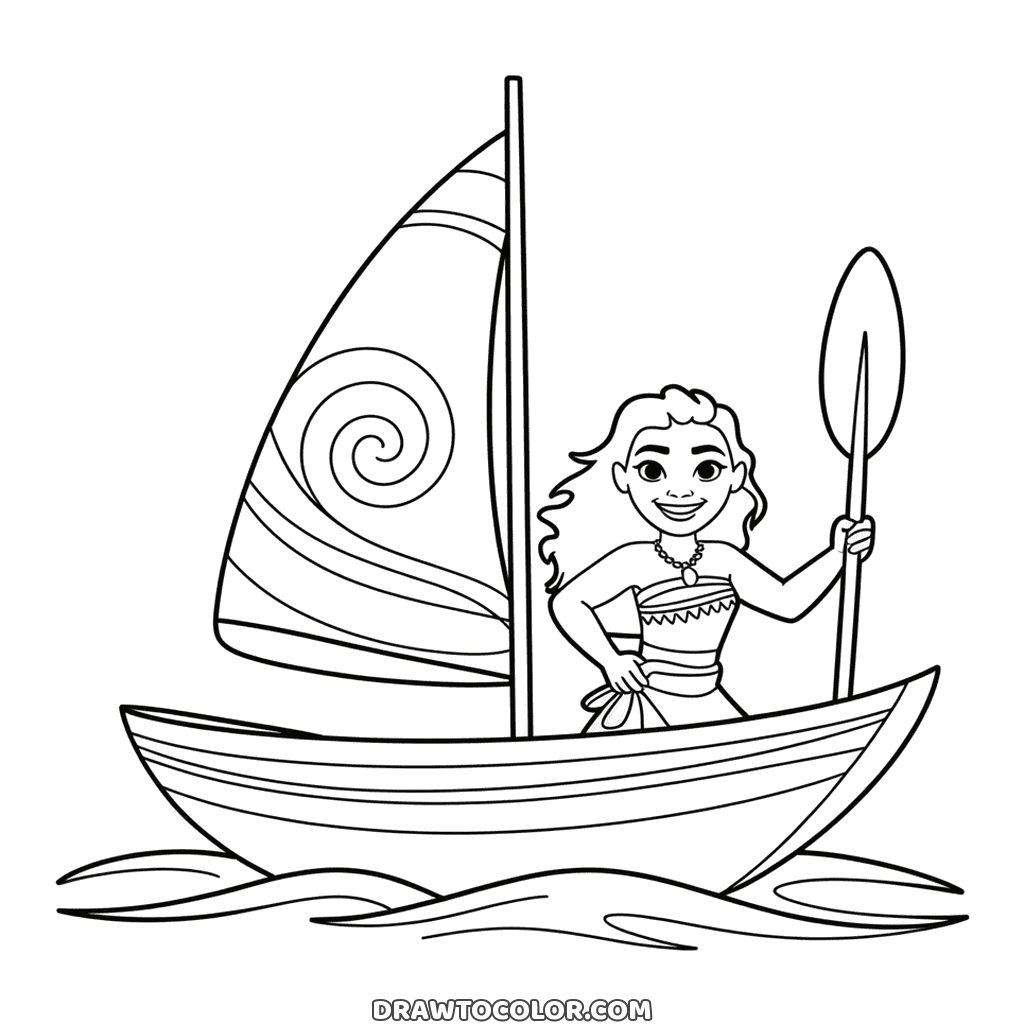 Moana in her sailboat to color, the sail marked with a big spiral and her oar held up over the waves