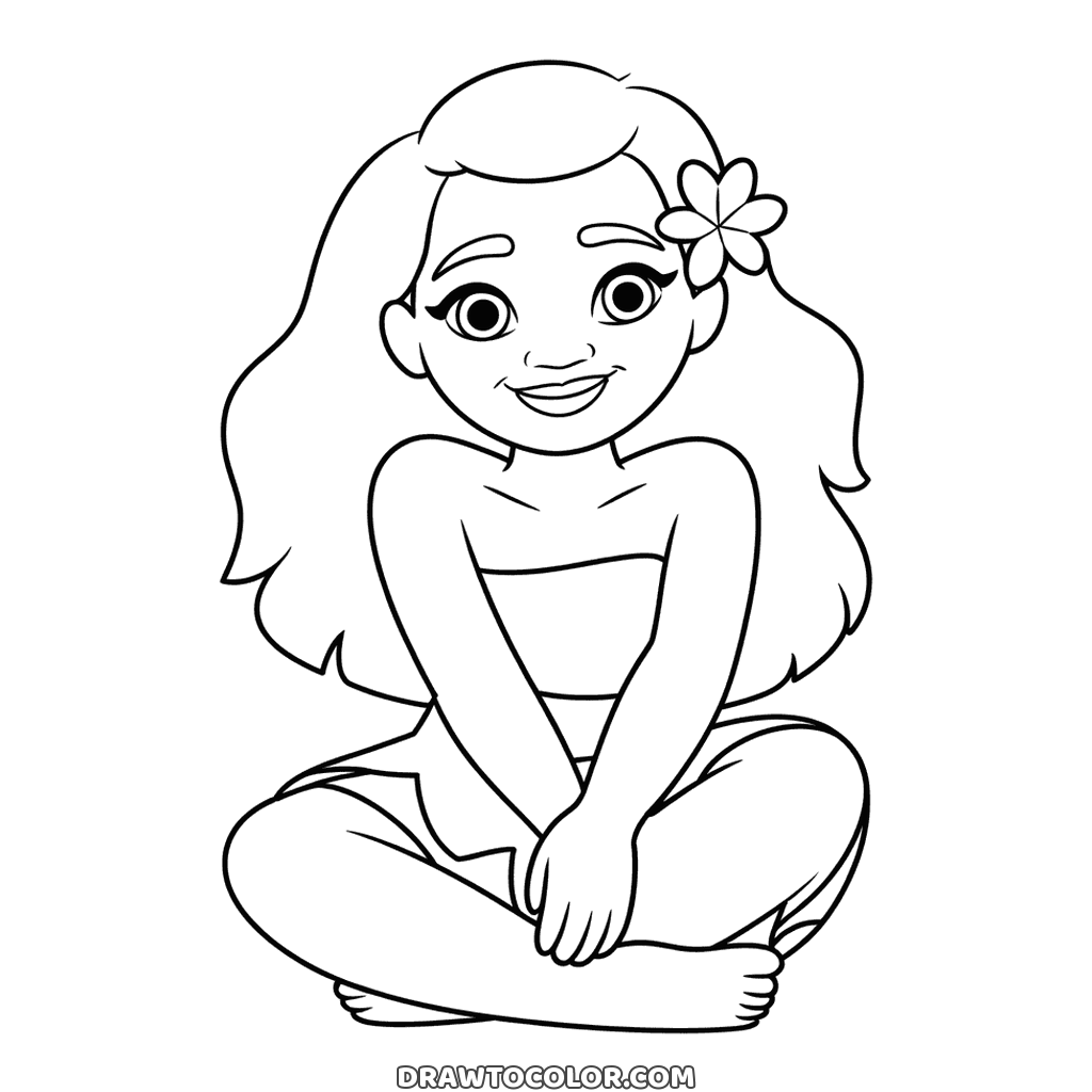 Moana sitting cross-legged with a flower tucked in her long hair and her hands on her knees, to color
