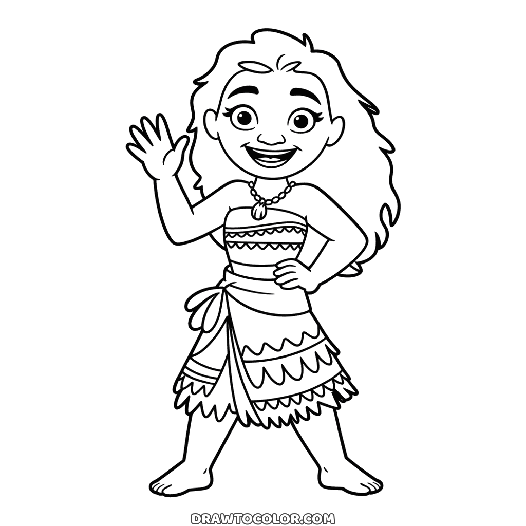 Cheerful Moana waving, a coloring page with a hand on her hip and patterns on her top and skirt