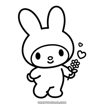 Cute My Melody, Hello Kitty's friend, in her bunny-ear hood holding a flower, an easy page to color