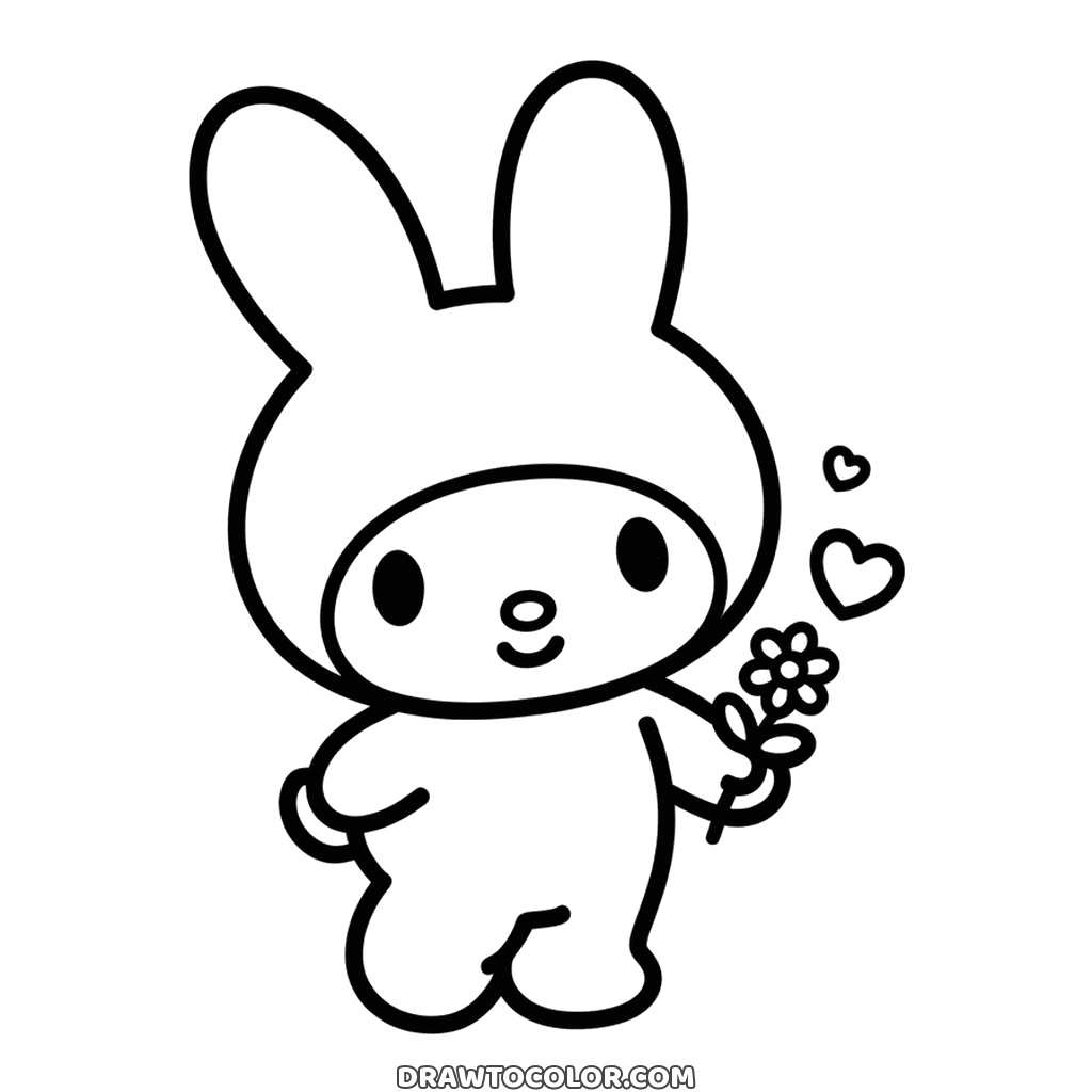 My Melody, amica di Hello Kitty, nel cappuccio da coniglietto con un fiore: disegno carino