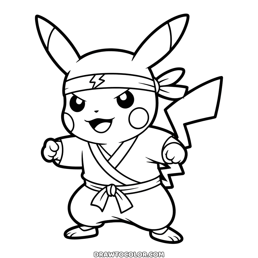 Ninja Pikachu in a martial arts outfit with a belt and a lightning headband, fists up, a Pokémon drawing