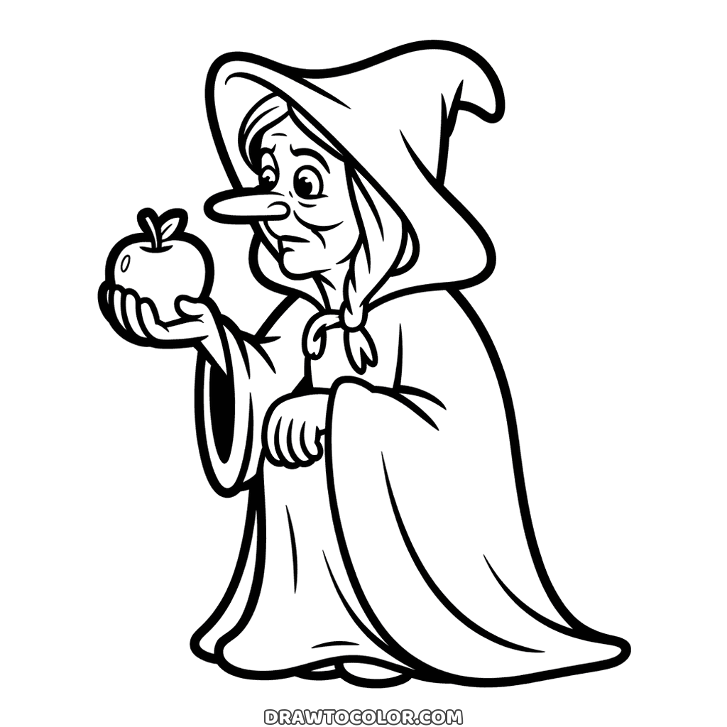 Hooded old witch with a long nose offering an apple from her wide sleeve, printable for Halloween