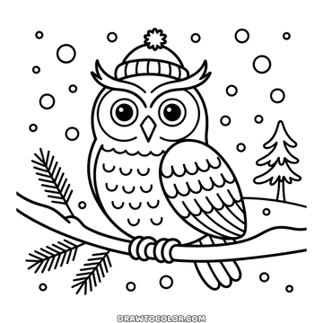 Owl wearing a small bobble hat perched on a snowy pine branch, a winter coloring page with feather rows