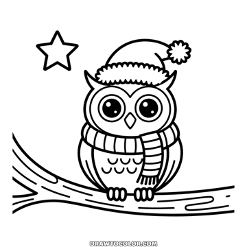 Christmas owl coloring page: an owl with huge round eyes, a Santa hat and a scarf perched on a branch