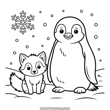 Winter animals coloring page: a tall penguin and a small fox side by side in the snow under snowflakes