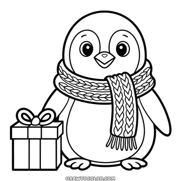Pingüino gordito con bufanda de trenzas y flecos que apoya un ala en un regalo de Navidad con lazo