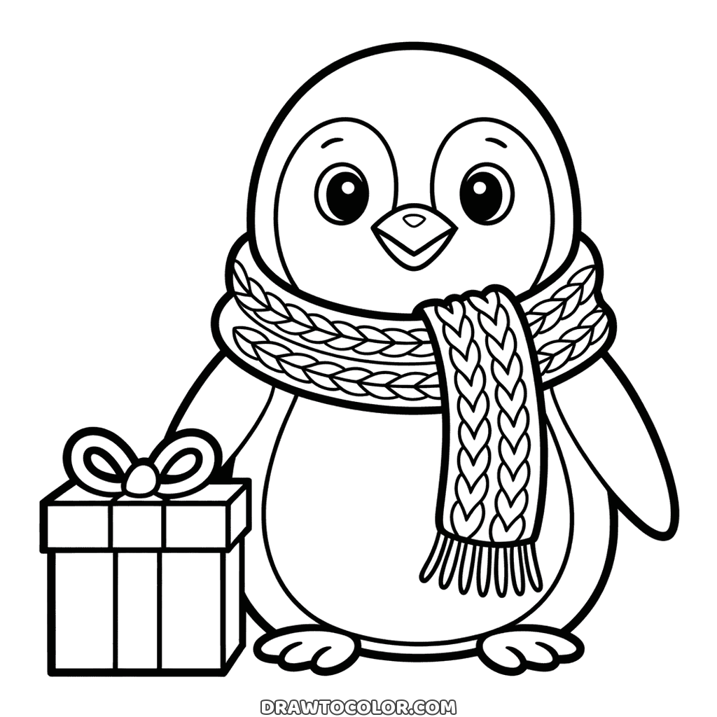 Round penguin in a cable-knit scarf resting a flipper on a Christmas present with a bow, a coloring page
