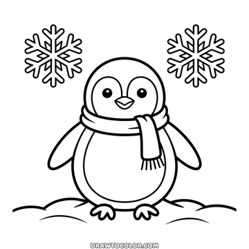 Easy winter coloring page of a chubby penguin in a scarf standing on the snow under two large snowflakes
