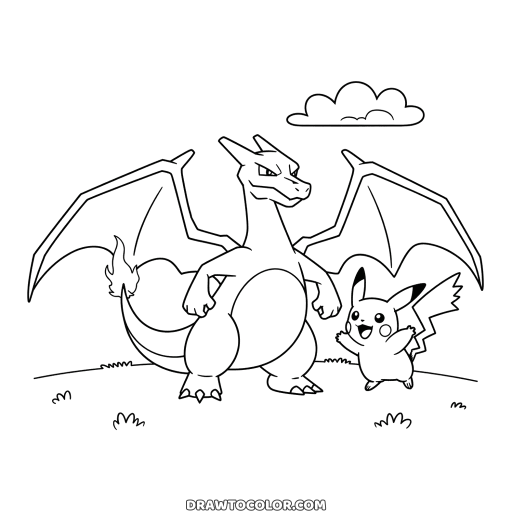 Pikachu cheering next to a tall Charizard with its wings spread on a grassy hill, a Pokémon scene to color