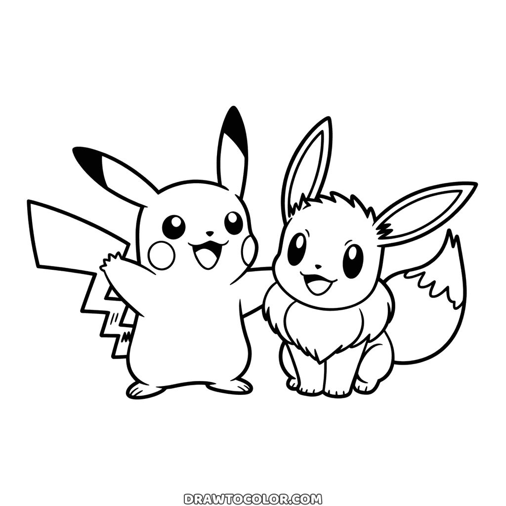 Pikachu acenando abraçado ao Eevee sentado, dois amigos Pokémon fofos para colorir