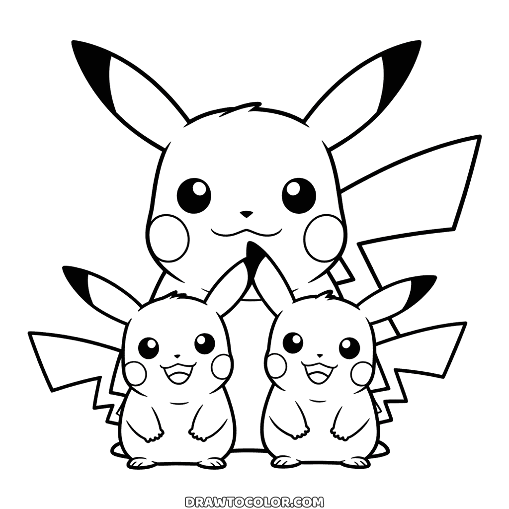 Família Pikachu para colorir: um Pikachu grande atrás de dois pequenos sorridentes