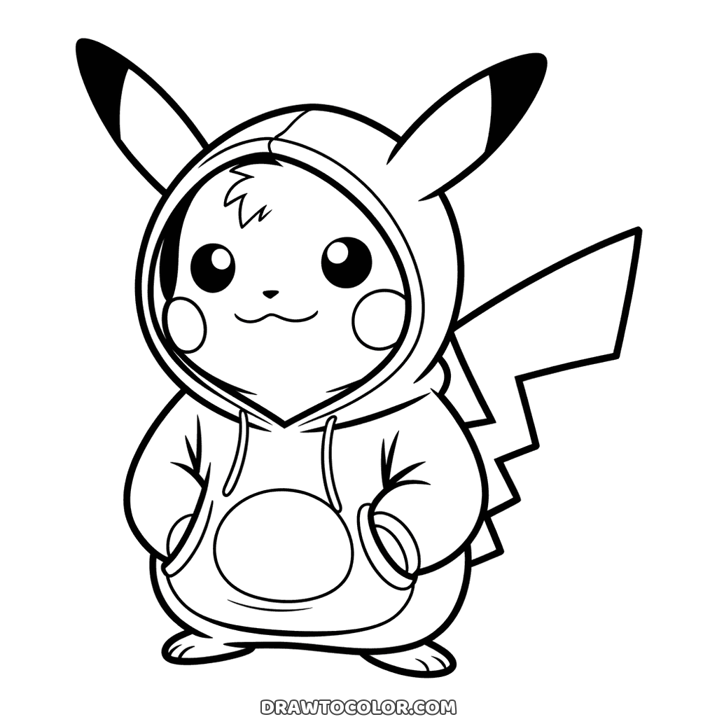 Süßes Pikachu im Kapuzenpulli, Ohren schauen oben heraus, Pfoten in der Bauchtasche, zum Ausmalen