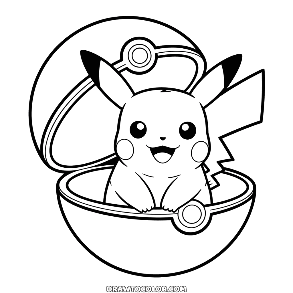 Pikachu sentado numa Pokébola aberta, tampa levantada atrás, desenho simples para crianças