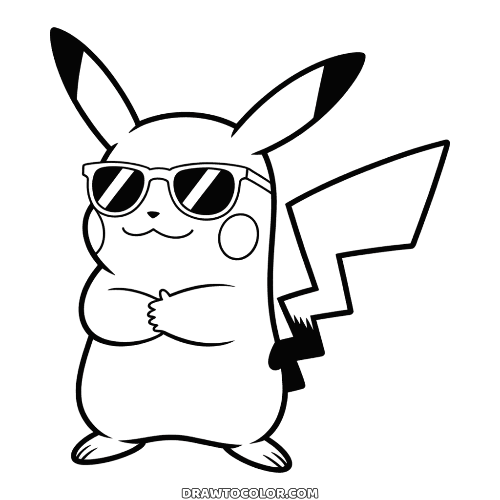 Desenho divertido do Pikachu de braços cruzados e óculos escuros, para colorir