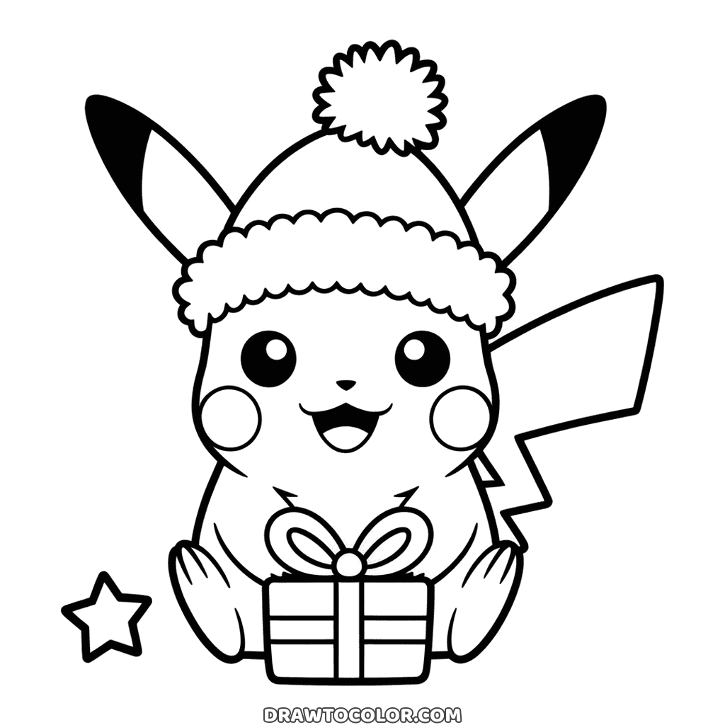 Pikachu sentado con un gorro de pompón esponjoso y un regalo de Navidad entre los pies, dibujo Pokémon fácil