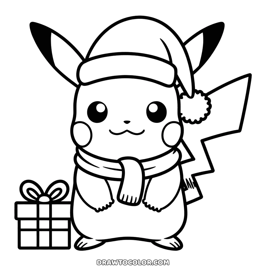 Disegno Pokémon facile: Pikachu in piedi col cappello di Natale e la sciarpa annodata