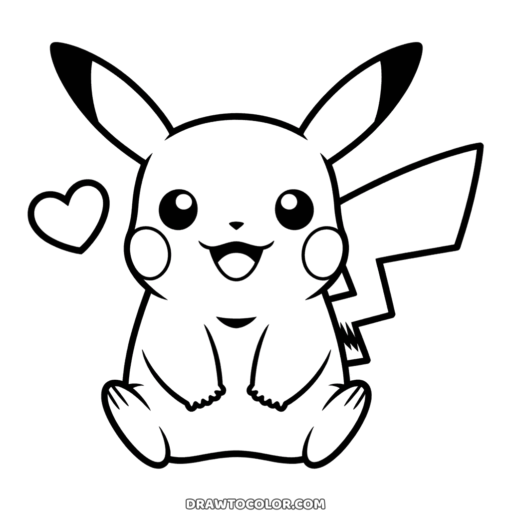 Pikachu fofo sentado de pés esticados, com um coraçãozinho ao lado, para colorir