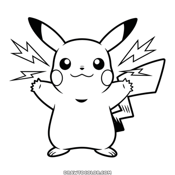 Pikachu with its arms spread wide and four lightning bolts around its head, a simple coloring page